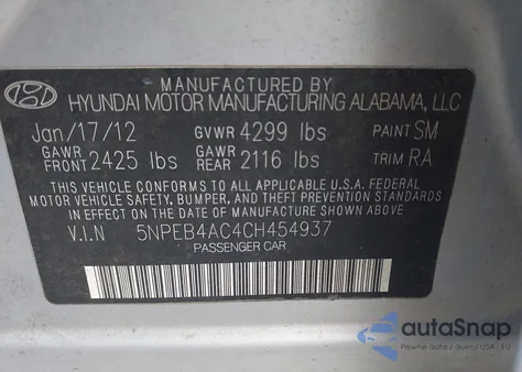 2012 Hyundai Sonata Gls Pzev z USA, uszkodzony, nr VIN 5NPEB4AC4CH454937